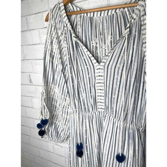 Anthropologie M LOVESHACKFANCY Striped Isla Midi Dress Long Sleeve White Blue - Picture 5 of 10